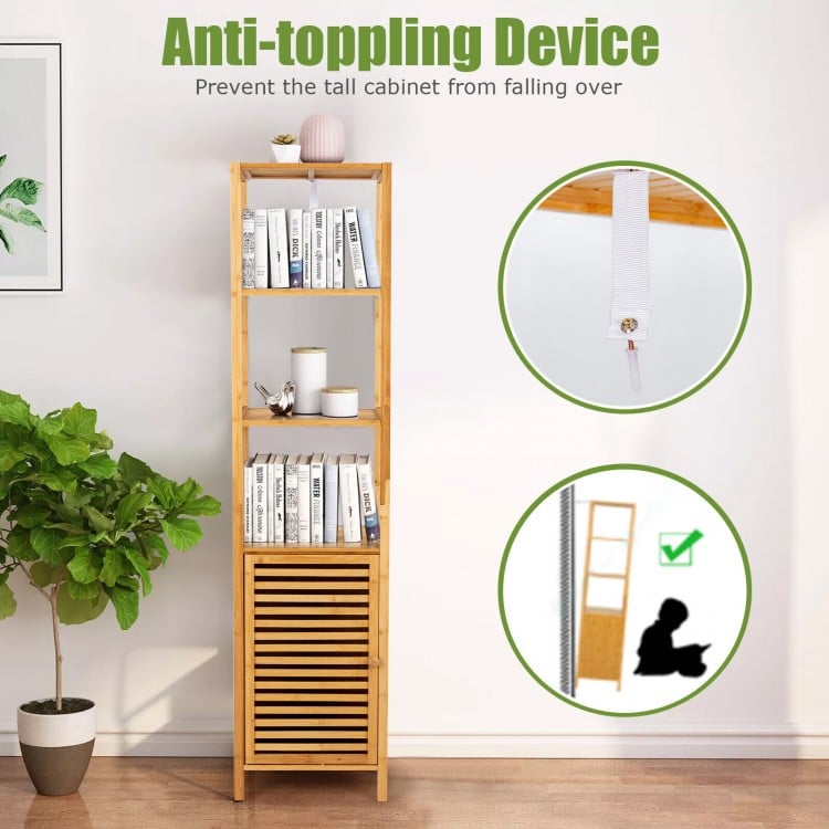 Slim bamboo floor storage cabinet with 4 tiers, shutter door, and anti-toppling device for secure organization in any.