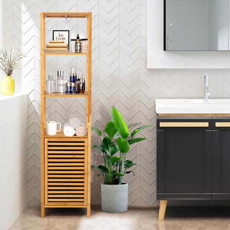 Natural bamboo floor storage cabinet with 4 tiers, featuring a shutter door, perfect for organizing bathroom essentials.