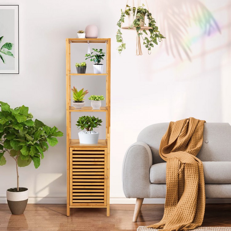 Slim bamboo floor storage cabinet with 4 tiers and shutter door, ideal for small spaces in living rooms or bedrooms.