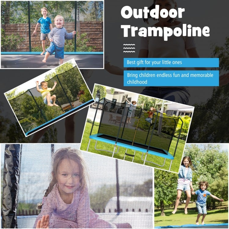 Rectangular 8 x 14 feet trampoline with safety enclosure net and ladder, designed for kids' outdoor fun and safety.