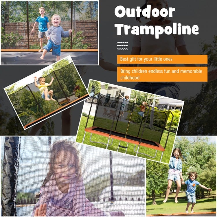 Rectangular 8 x 14 feet trampoline with safety enclosure net, ladder, and durable construction for outdoor fun.