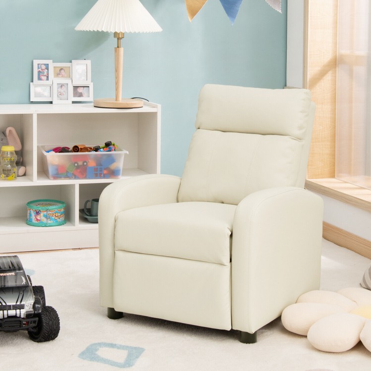 Kids recliner lounge sofa in white PU leather with adjustable backrest, perfect for ages 3-12, ideal for playrooms.