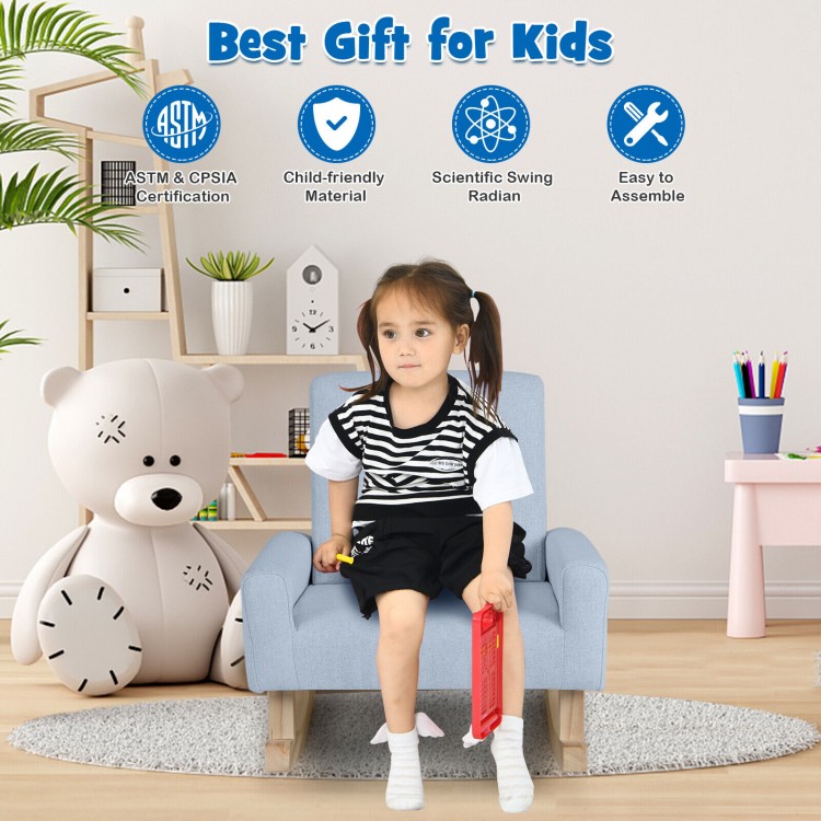 Kids rocking chair in blue with solid wood legs, ergonomic design for comfort, perfect for reading and relaxing.