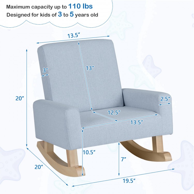 Kids rocking chair in blue with solid wood legs, designed for ages 3-5, featuring ergonomic support and gentle rocking.
