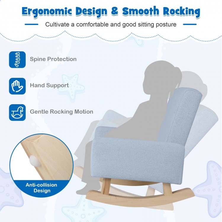 Kids rocking chair in blue showcasing ergonomic backrest and armrests, ideal for cozy seating during snacks or reading.