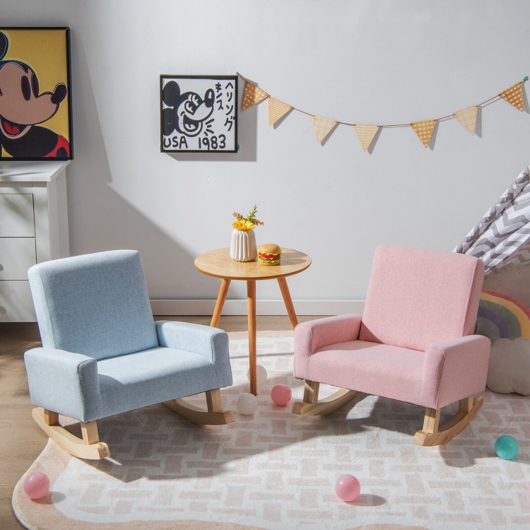 Kids rocking chair in blue with solid wood legs, designed for ages 3-5, perfect for reading and relaxation.