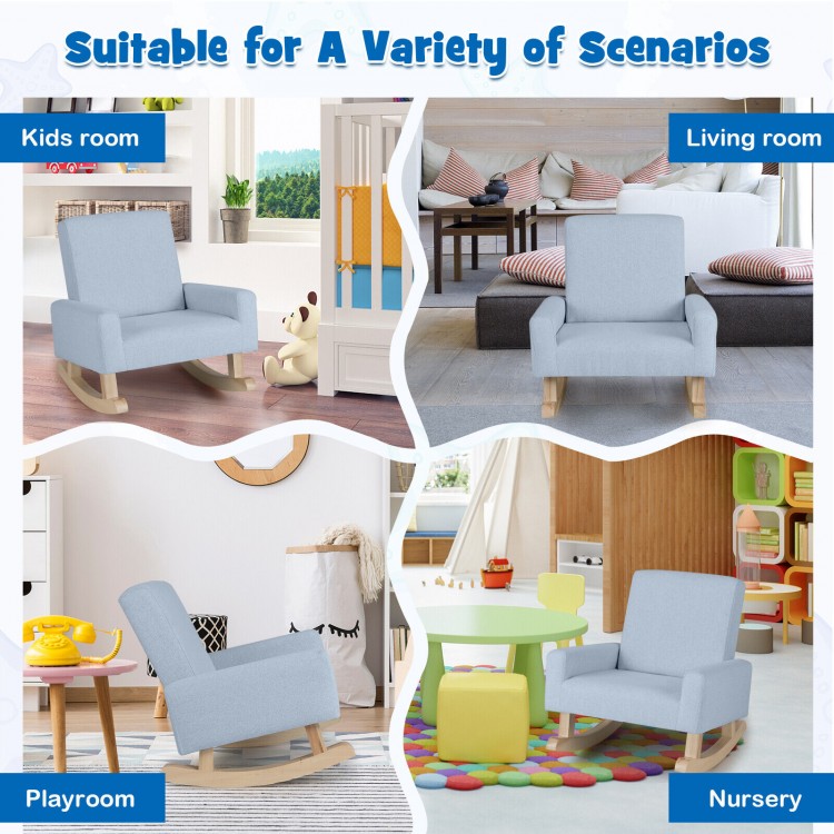 Kids rocking chair in blue with solid wood legs, designed for ages 3-5, perfect for reading and relaxing in various.