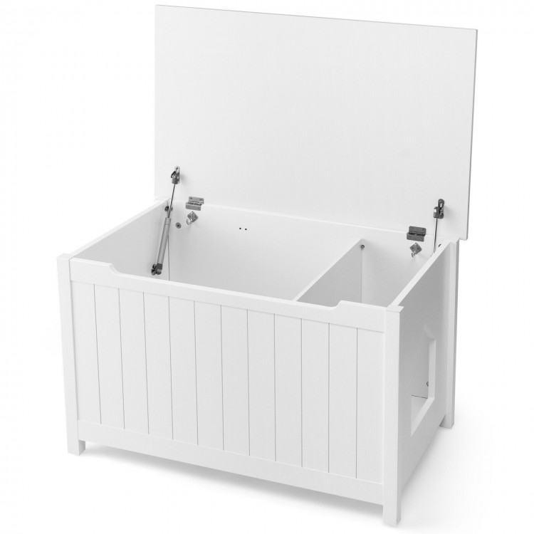 White wooden cat litter box enclosure with top opening, featuring a flip-top design and removable divider for easy.