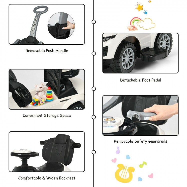 Removable push handle and safety guardrails on a white 3-in-1 ride-on car stroller for toddlers, featuring storage.