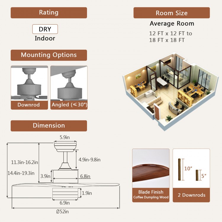 52-inch ceiling fan with a brown finish, featuring dual mounting options and a powerful copper motor for efficient.
