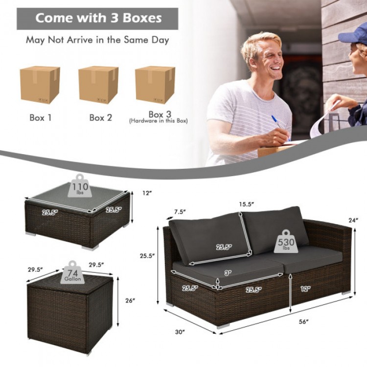 4-piece brown patio rattan furniture set with cushioned seats and a 74-gallon storage box for outdoor comfort.