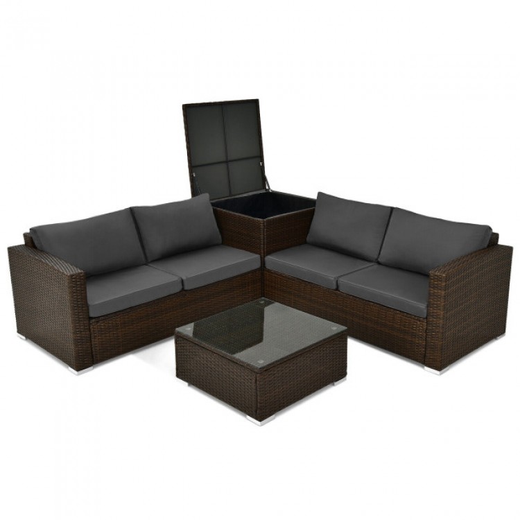 4-piece patio rattan furniture set with cushioned seating, storage box, and tempered glass coffee table for outdoor.