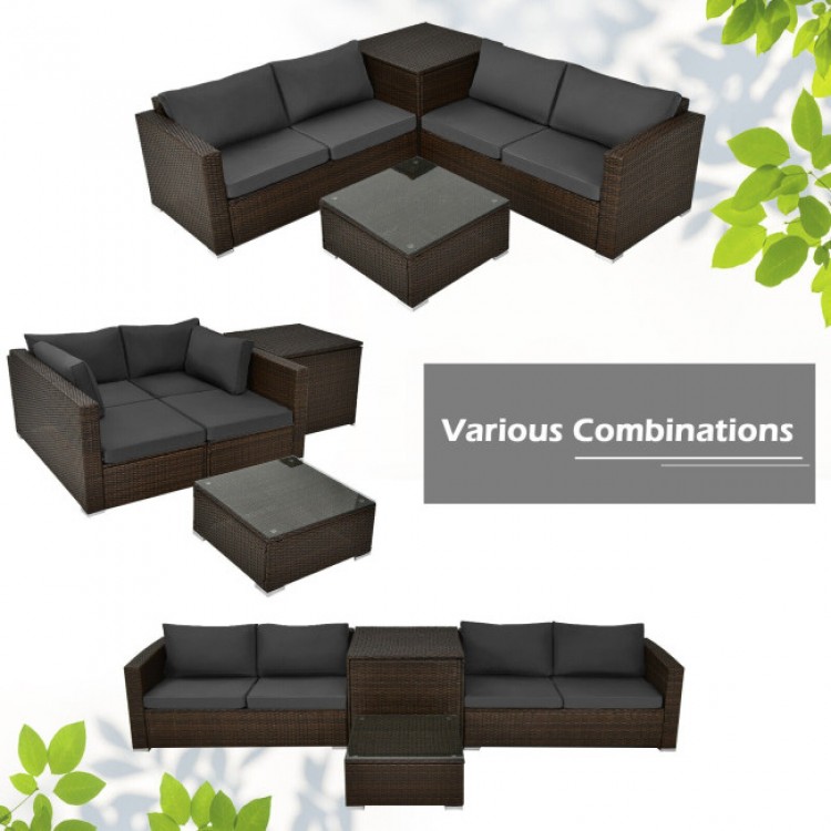 4-piece patio rattan furniture set with cushions, storage box, and coffee table for versatile outdoor arrangements.