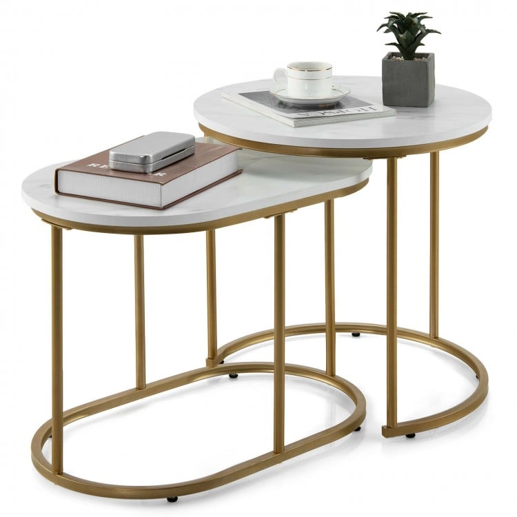 Nesting coffee table set of 2 featuring elegant white MDF tops and gold metal legs, ideal for stylish and compact.