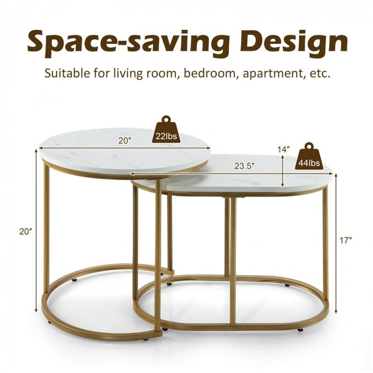 Modern nesting coffee table set of 2 in white with sturdy steel frame, ideal for living room or small apartment.