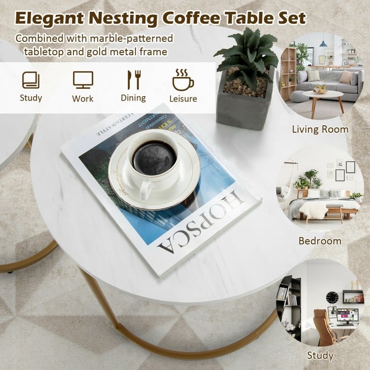 Modern nesting coffee table set of 2 in white with gold metal frame, perfect for living room, bedroom, or study use.