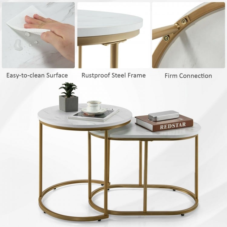 White MDF tabletop close-up of modern nesting coffee table set with gold steel frame, showcasing easy-to-clean surface.