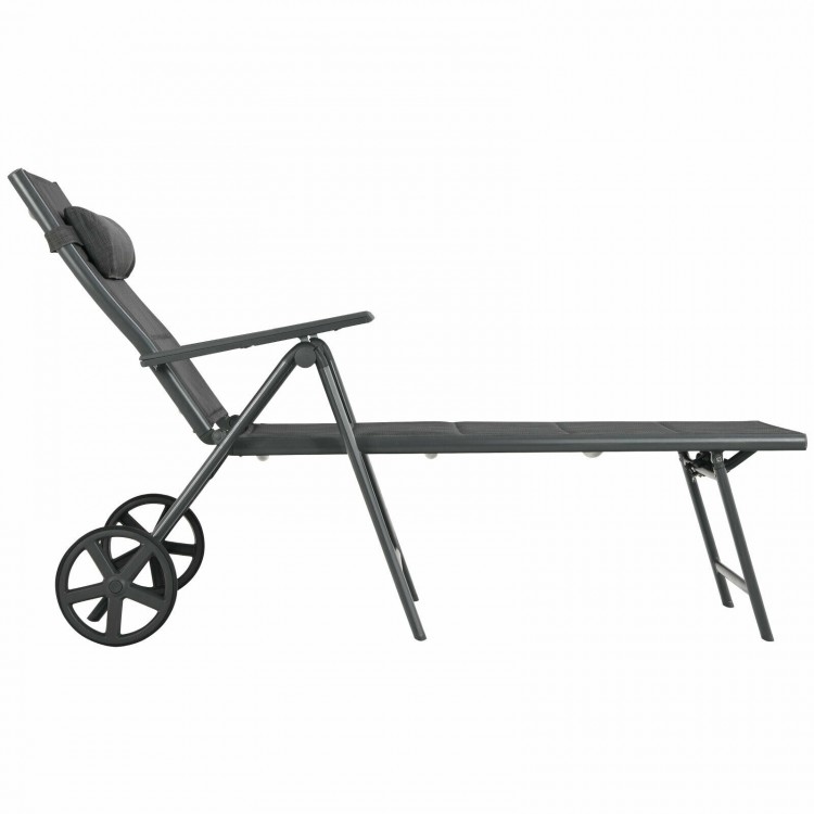 Side view of gray patio reclining chaise lounge with adjustable neck pillow and heavy-duty aluminum frame for outdoor.