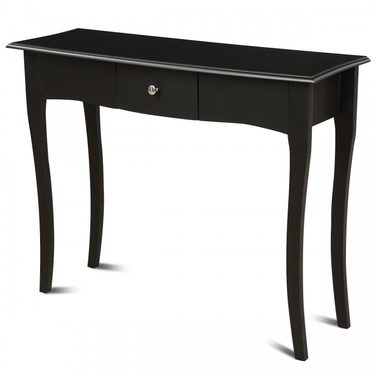 Modern console table with a sleek design and sturdy curved legs, crafted from acacia wood and MDF, ideal for entryways.
