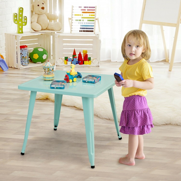 Kids square steel table in blue with smooth edges, ideal for playrooms and activities for ages 3 to 6 years.