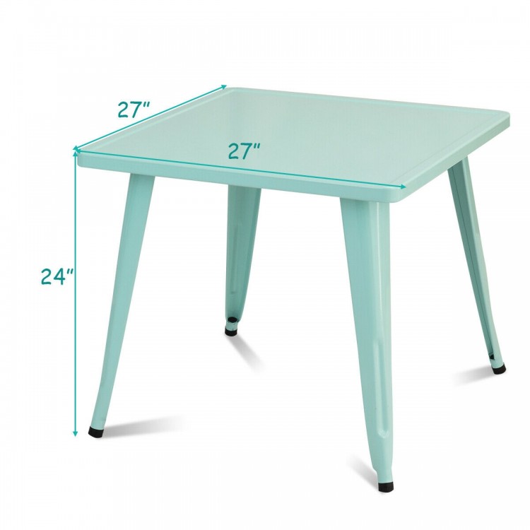 Square 27-inch blue steel table with adjustable legs, perfect for kids' activities in playrooms or nurseries.