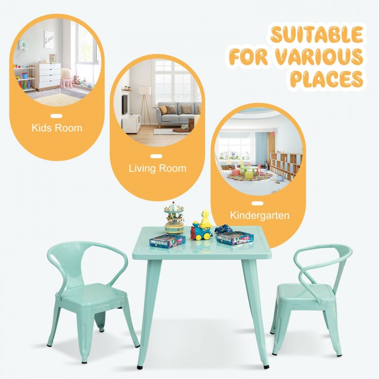 Blue 27-inch kids square steel table with two chairs, ideal for playrooms, nurseries, and safe for ages 3 to 6.