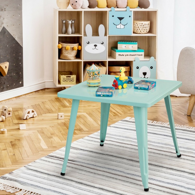 Kids square steel table in blue with adjustable legs, perfect for playrooms and learning activities for ages 3 to 6.
