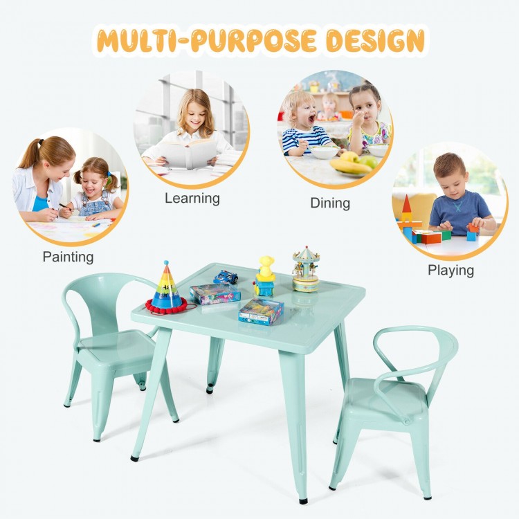 Kids square steel table in blue with two chairs, perfect for learning, dining, and playing activities for ages 3-6.