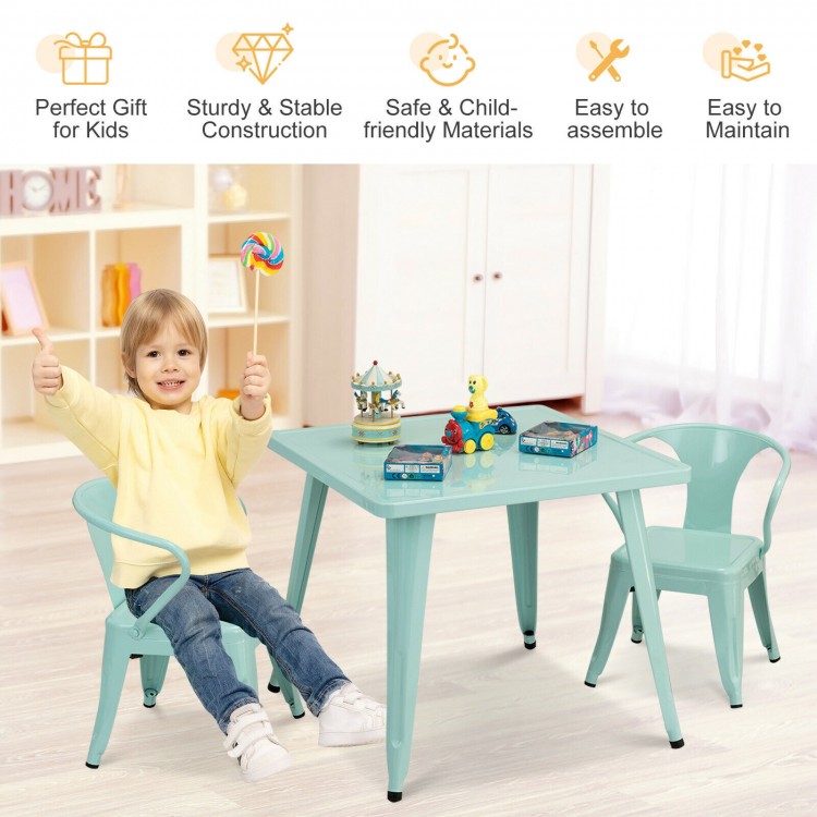 Kids square steel table in blue with two chairs, sturdy construction, safe for ages 3-6, perfect for playrooms.