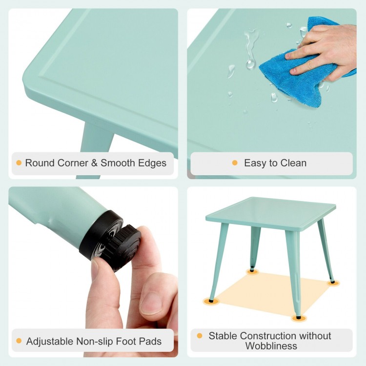 Kids square steel table in blue with smooth edges, adjustable foot pads, and easy-to-clean surface for playroom use.
