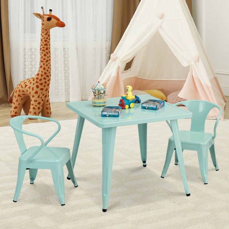 Blue 27-inch kids square steel table with two chairs, perfect for playrooms and learning activities for ages 3 to 6.