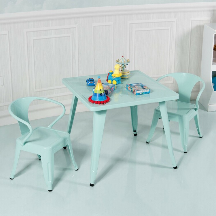 Kids square steel table in blue with two matching chairs, perfect for playroom activities and learning for ages 3-6.