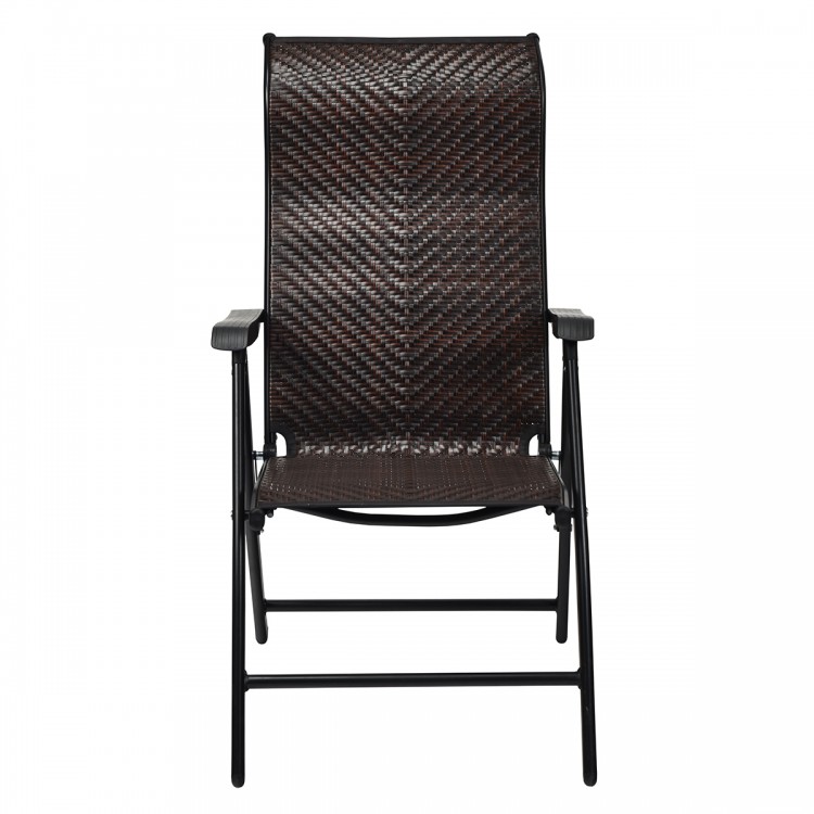 Folding rattan reclining chair with adjustable backrest, durable PE rattan, and steel frame, ideal for outdoor.