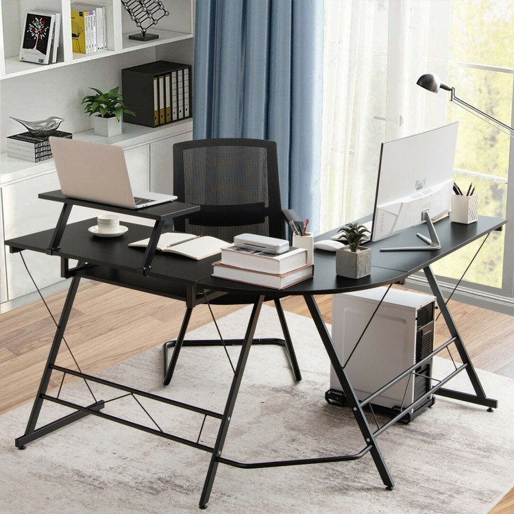 L-shaped black computer desk with removable monitor stand and pull-out keyboard tray, perfect for small office spaces.