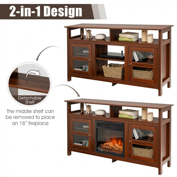 58-inch brown TV stand with 2 cabinets, removable central shelf for 18" fireplace, and ample storage for living room.