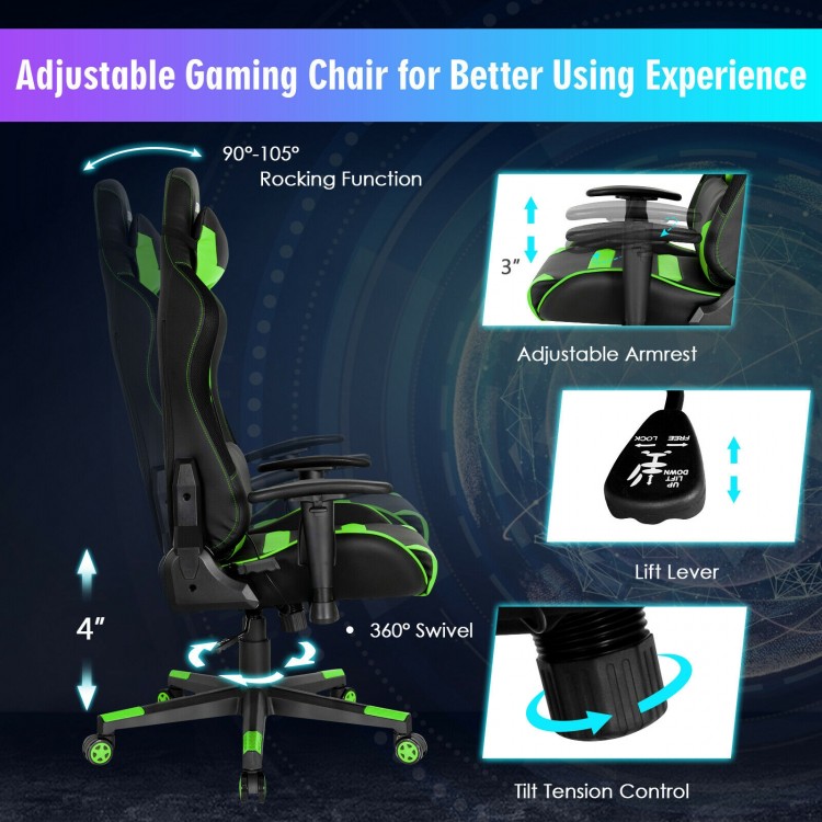 Adjustable swivel gaming chair in green with RGB lights, ergonomic design, and 360° swivel for ultimate comfort.