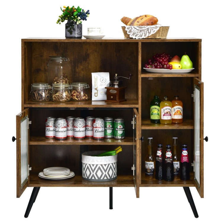 Rustic brown buffet kitchen storage cupboard with two door cabinets and adjustable shelves for stylish organization.