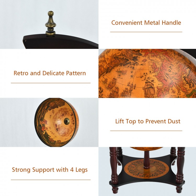 23-inch globe wine bar stand in brown with retro pattern, metal handle, and space for 3 wine bottles for stylish.