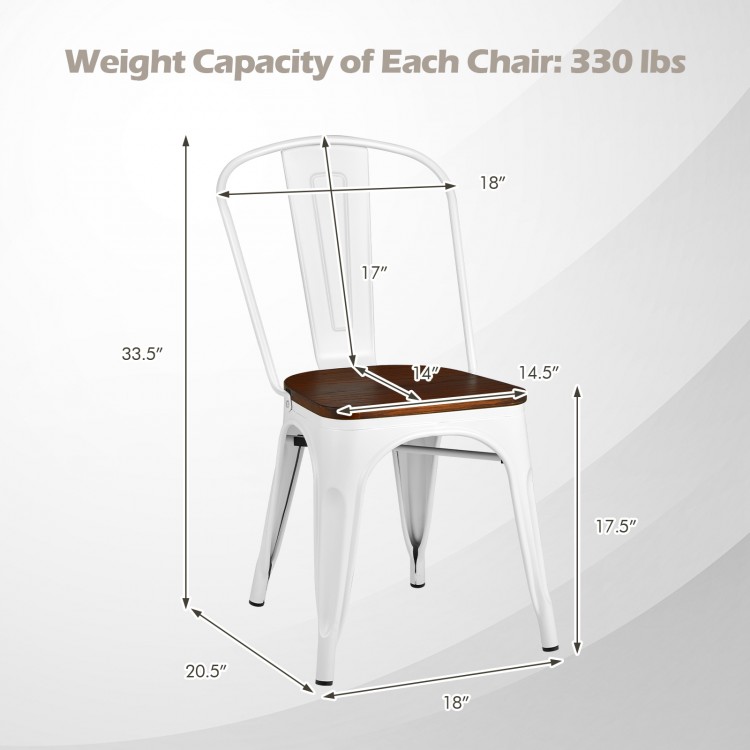 Dimensions of the Tolix style metal dining chair set with wood seat, featuring ergonomic design and stackable.