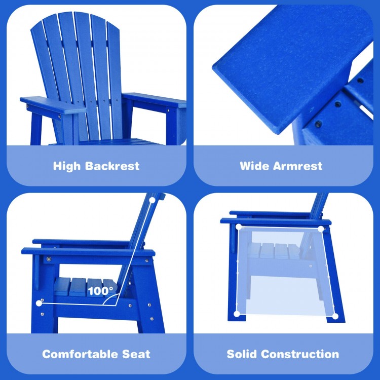 High backrest and wide armrest of the blue kids' Adirondack chair, designed for comfort and ergonomic support.