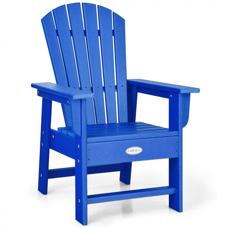 Blue kids' Adirondack chair with ergonomic backrest, made from weather-resistant material for indoor and outdoor use.