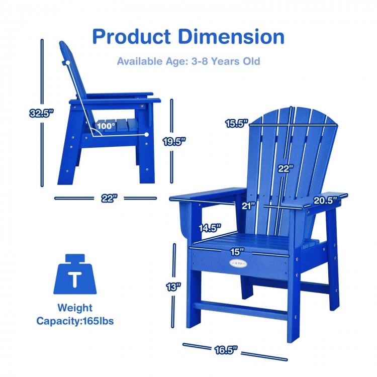 Kids' Adirondack chair in blue with ergonomic backrest, dimensions 32.5" H x 22" W, suitable for ages 3-8 years.