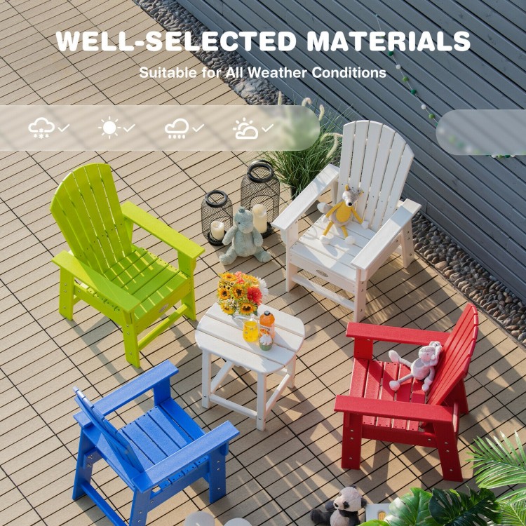 Blue kids' Adirondack chair with ergonomic backrest, made from weather-resistant material for outdoor use.