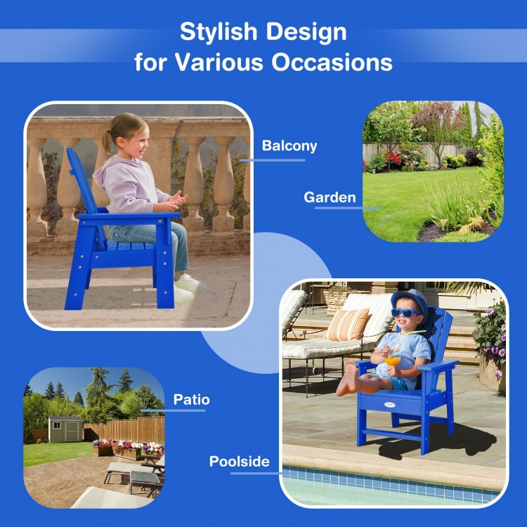 Blue kids' Adirondack chair with ergonomic backrest, perfect for patio, garden, or poolside relaxation.