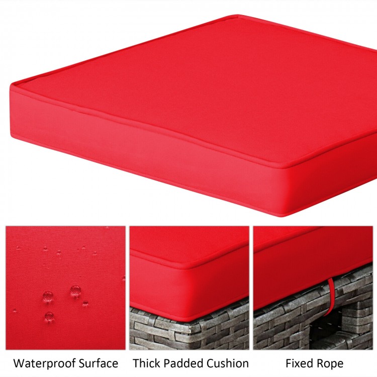 Red removable cushion for a 2-piece patio rattan wicker ottoman, featuring a waterproof surface and thick padding.