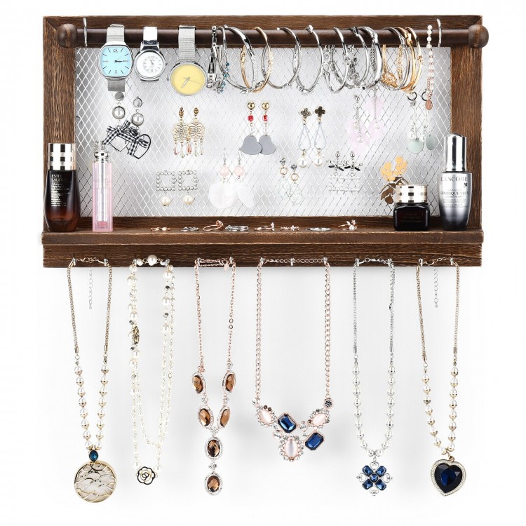Wall mounted jewelry rack showcasing a variety of earrings and necklaces, made of durable pine wood for stylish.