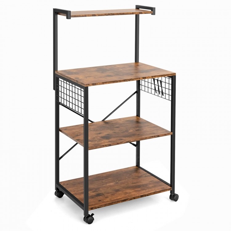 4-tier kitchen baker's rack on wheels showcasing a sturdy metal frame and open-shelf design for easy access and storage.
