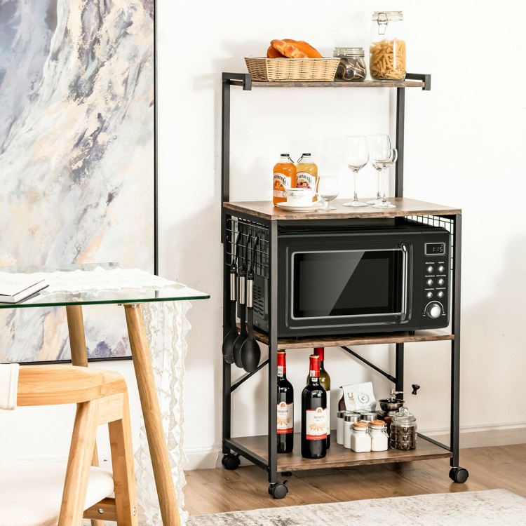 4-tier kitchen baker's rack on wheels with engineered wood and metal frame, perfect for storage in any room.