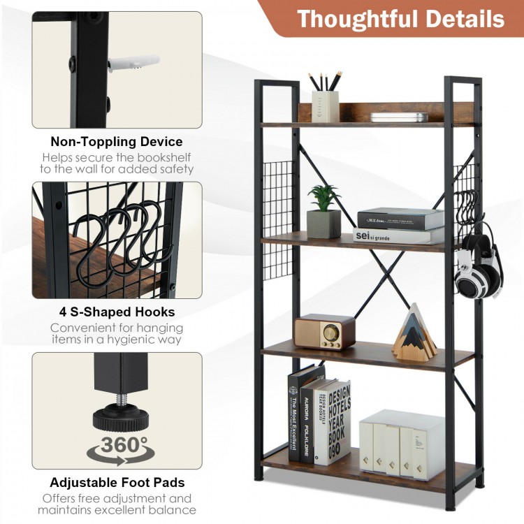 Industrial 4-tier bookshelf in rustic brown with adjustable shelf, s-shaped hooks, and sturdy steel frame for versatile.