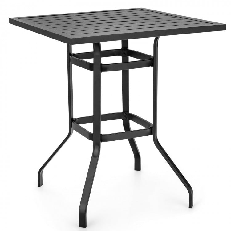 32-inch outdoor steel square bar table with powder-coated tabletop, sturdy design for dining and entertaining.